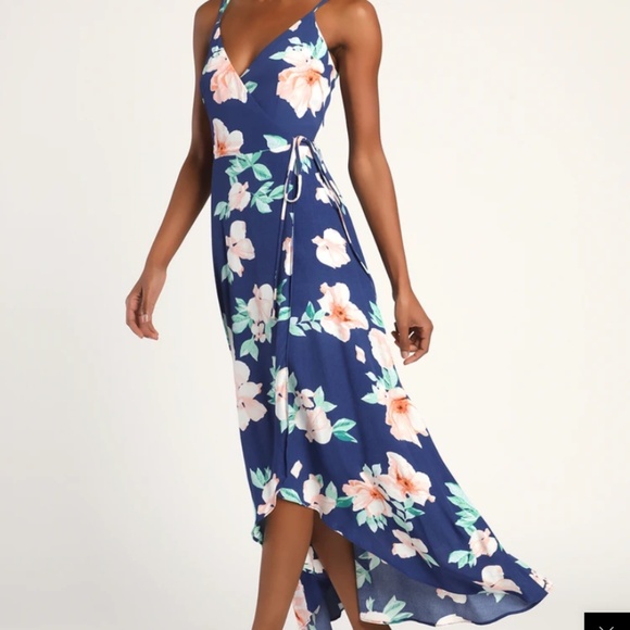 Lulu’s Floral Print High-Low Wrap Midi Dress - Picture 1 of 4